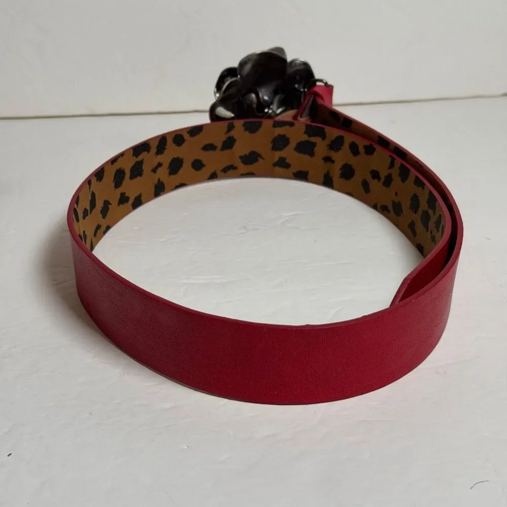 Betsey Johnson Red Waist Belt Large Flower Buckle Leopard Print Small 40